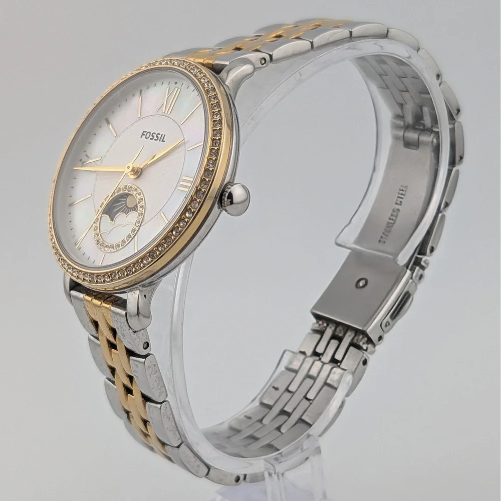 Fossil Jacqueline ES5166 Women's Watch Sun Moon MOP Dial Crystal Bezel Two-Tone